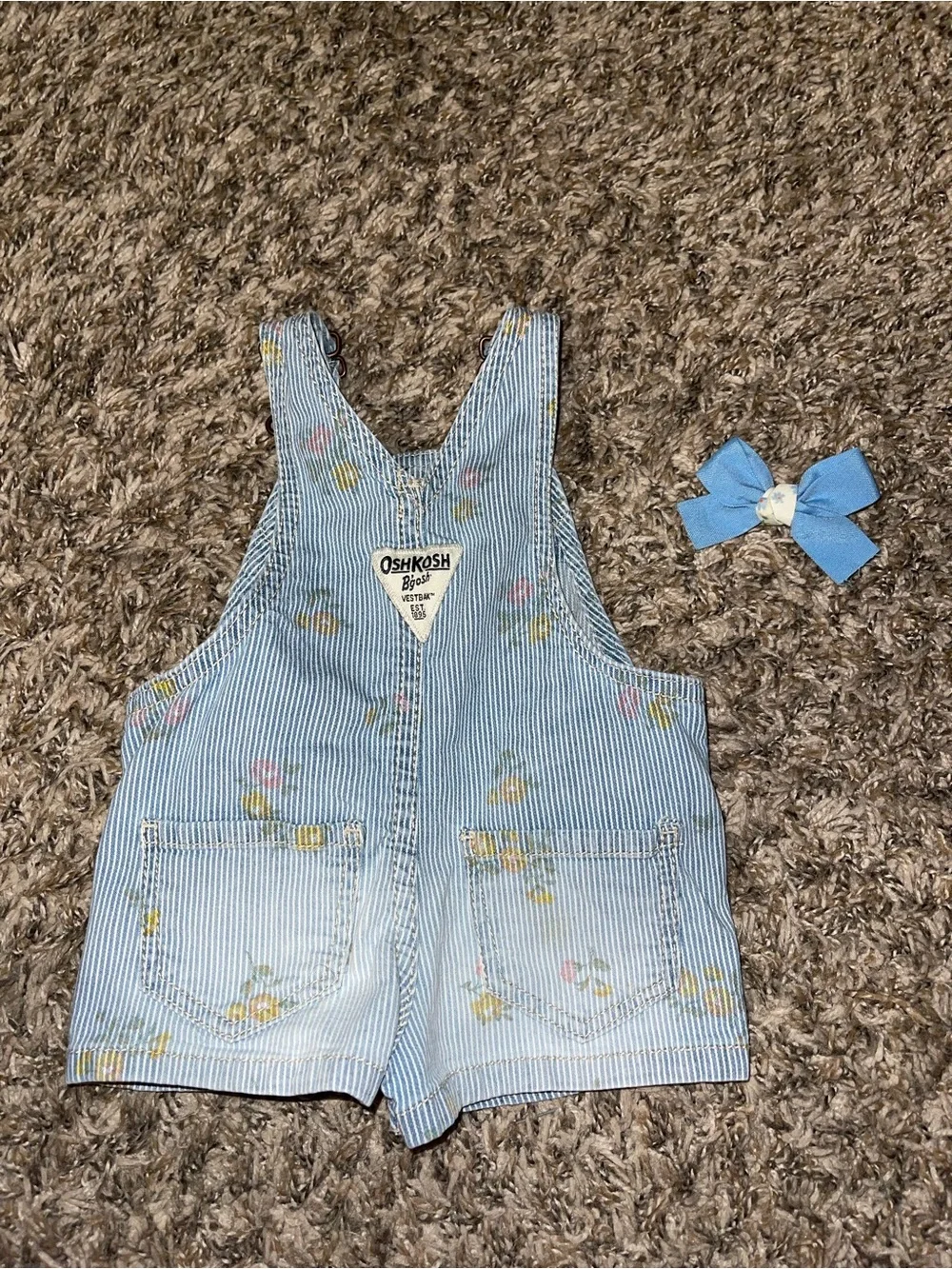 OshKosh B'gosh Light Blue Pinstripe Floral Shortalls
